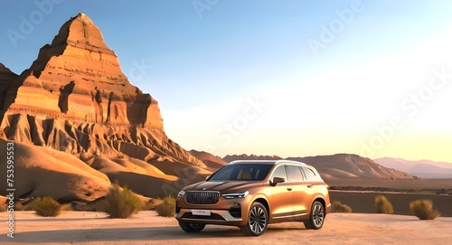 car in the desert road near mountains, travel in desert through a car, a car on desert
