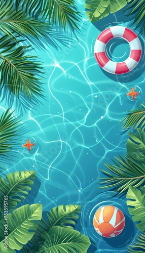 Summer party beach ball and blue ocean landscape background, holiday illustration for psoter banner
