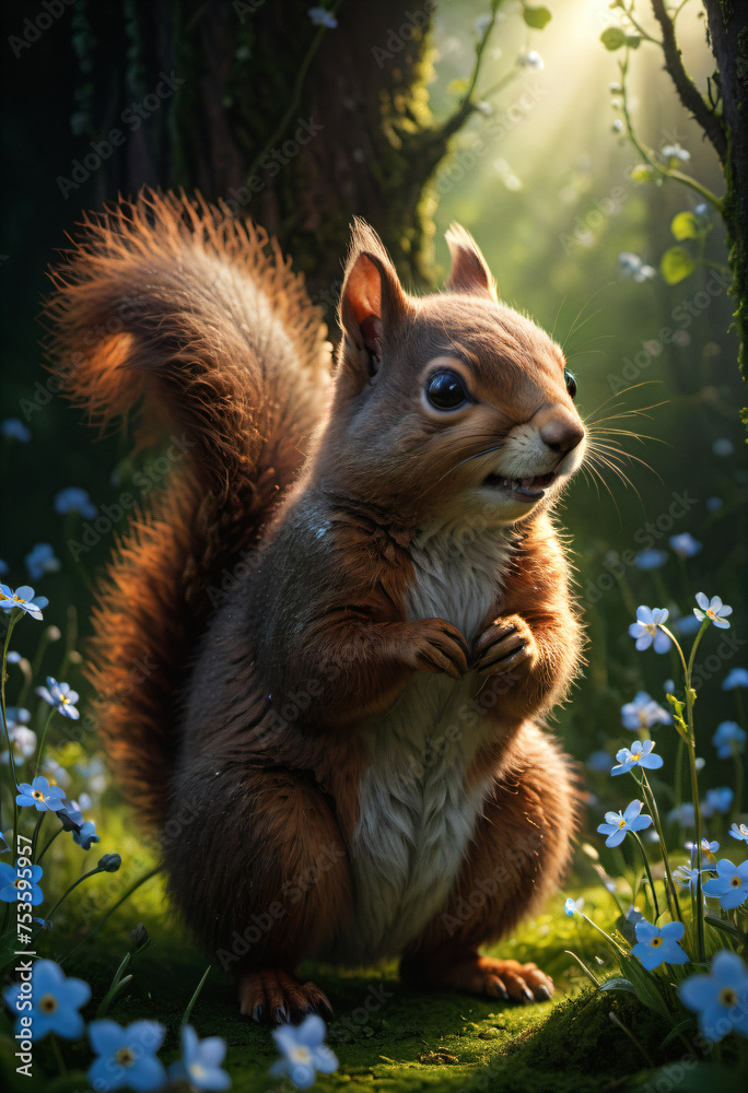 Obraz premium A squirrel stands in the middle of a forget-me-not garden.