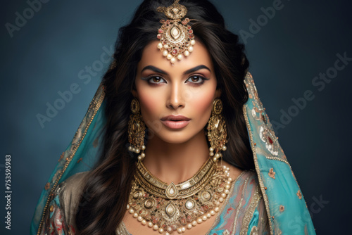 A young beautiful woman of wearing traditional Indian bridal costumes and jewellery.