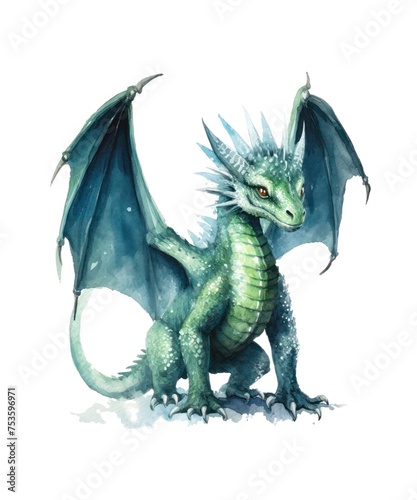 Watercolor illustration of a green dragon isolated on white background.