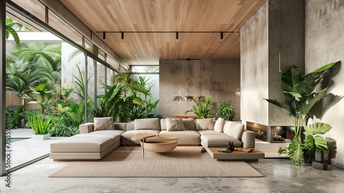 Modern contemporary loft style living room with tropical style garden view,The room has concrete tiled floors and walls for copy space and wooden ceilings