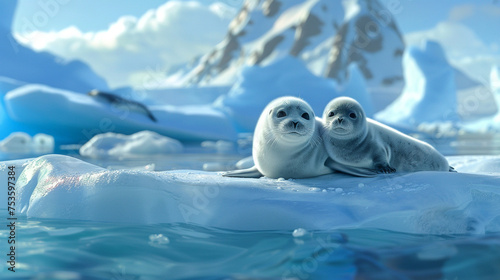 Adorable baby harp seals nestled on a snowy ice floe in the Arctic waters.