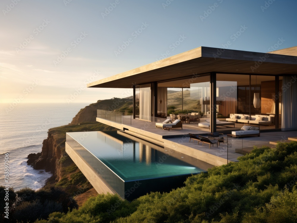 A cliff-top residence, where a sleek modern house with floor-to-ceiling windows overlooks a rugged coastline and crashing waves below