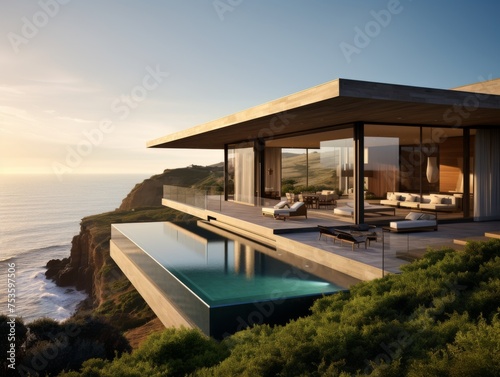 A cliff-top residence  where a sleek modern house with floor-to-ceiling windows overlooks a rugged coastline and crashing waves below