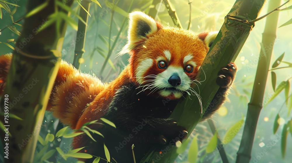Adorable red pandas playfully climbing trees in a bamboo forest. Adorable red pandas playfully climbing trees in a bamboo forest.