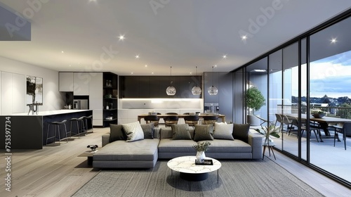 Modern living room with grey couch © Sasint