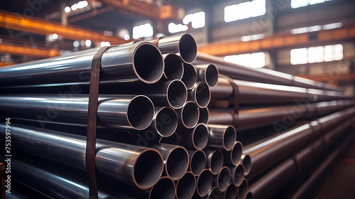 A pile of stainless steel, galvanized, chrome pipes stacked in a warehouse