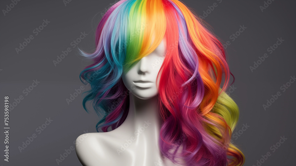 A mannequin head displays a long, wavy wig with a vibrant rainbow coloring on a gray background.
A mannequin head displays a long, wavy wig with a vibrant rainbow coloring on a gray background.