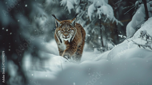 Agile lynx prowling through the deep snow in a silent, snowy wilderness.