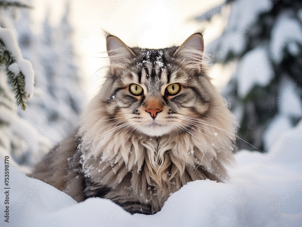 Norwegian Forest cat exploring a snowy landscape