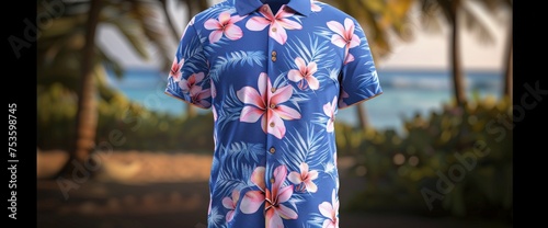 Blue Hawaiian Shirt With Pink Flowers