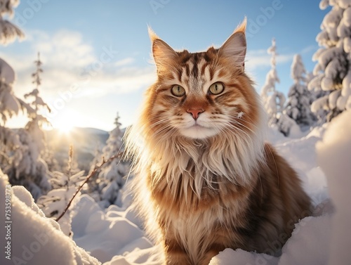 Norwegian Forest cat exploring a snowy landscape photo