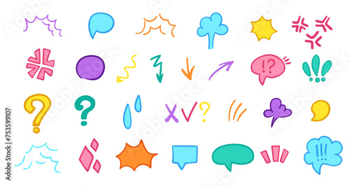 Set of hand-drawn cartoon anime expressions and doodle signs, arrows, emoticon effects, design elements, symbols. Character emotion symbols, cute doodle drawing