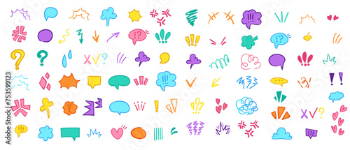 Anime emotion effect big set. Expressions speech bubble, hearts, mark points in comic doodle style. Vector illustration