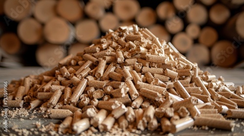 Eco friendly biomass wood pellets stack and pile with copy space on blurred background