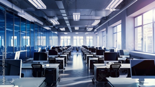 Panoramic office hall with rows of computer tables with many computers and large window.