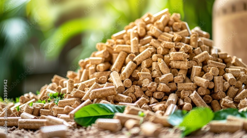 Obraz premium Biomass wood pellets and woodpile stack with blurred background, ideal for text placement.