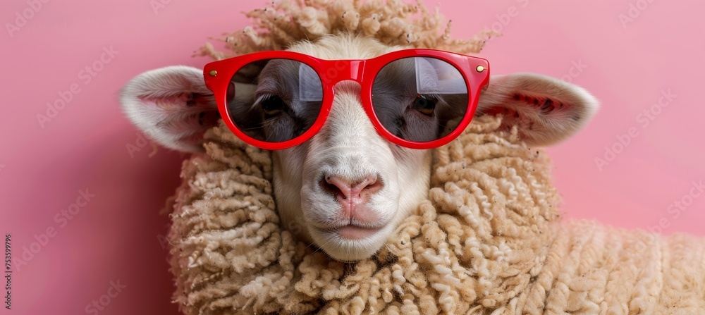 Funny sheep with sunglasses on pastel color background, space for text placement