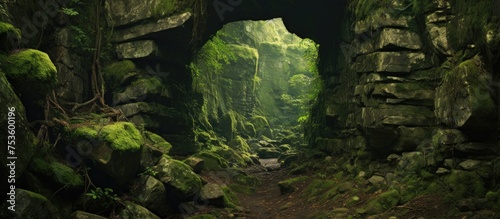 Enchanting Nature s Path  Mystical Tunnel Through Lush Forest With Scattered Rocks and Sunlight