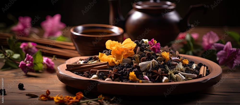 Zen Tea Ceremony with Chamomile Flowers in a Peaceful Setting
