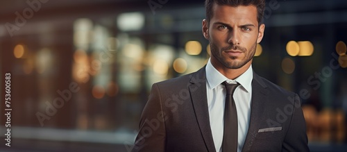 Confident Businessman in Pinstripe Suit Stands Tall with Professional Demeanor