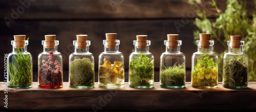 Assortment of Herbal Bottles Showcasing Diverse Flavors and Aromas in Row Display