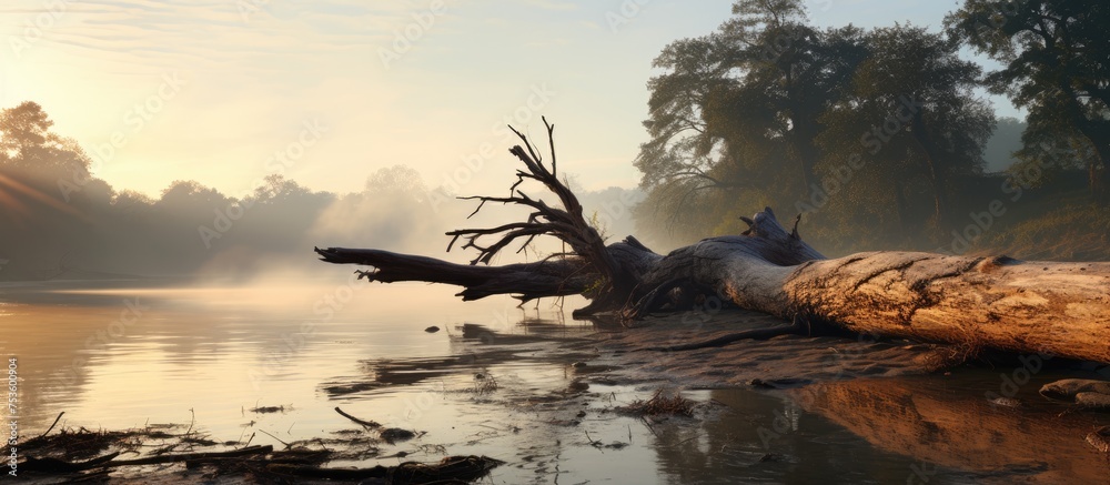 Serenity of Nature: Lone Dead Tree Standing Tall in Rippling Water - obrazy, fototapety, plakaty 