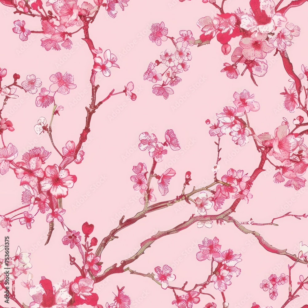 Japanese cherry blossom drawing illustration in the style of toile de jouy seamless repeating tile pattern