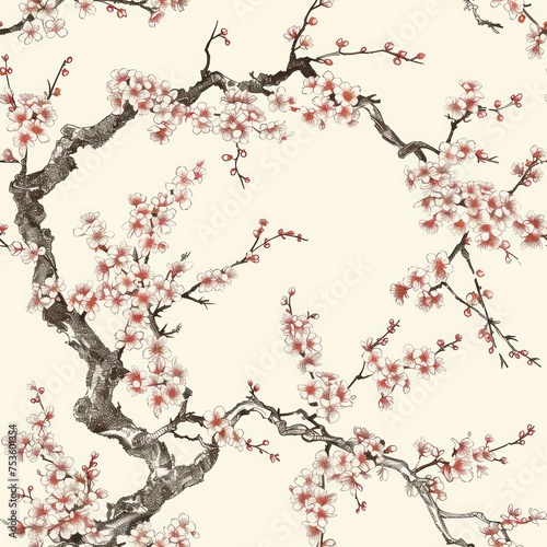 Japanese antique cherry blossom illustration as toile de jouy seamless repeating tile pattern fabric