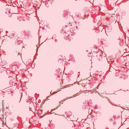 Japanese cherry blossom drawing illustration in the style of toile de jouy seamless repeating tile pattern