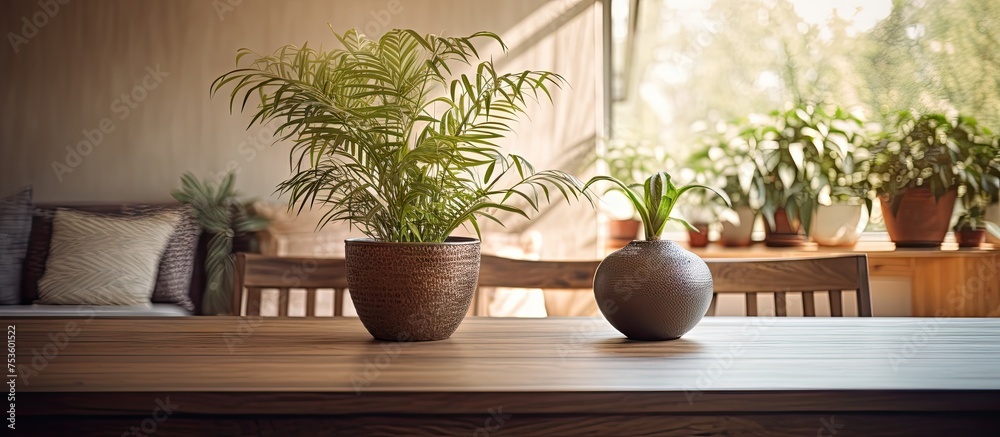Green Houseplant Oasis: A Variety of Lush Potted Plants Adorn a Wooden Table Green Houseplant Oasis: A Variety of Lush Potted Plants Adorn a Wooden Table