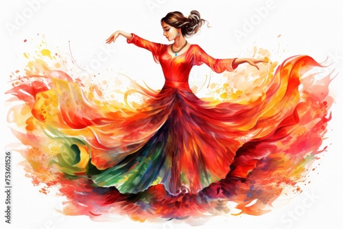 Attractive woman celebrating nowruz in traditional dress by dancing, watercolor illustration