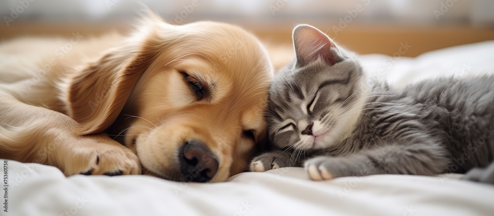 Harmony at Home: Cat and Dog Enjoy Peaceful Slumber Together on Cozy Bed Harmony at Home: Cat and Dog Enjoy Peaceful Slumber Together on Cozy Bed
