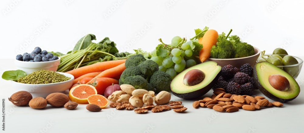 Fresh Harvest: Colorful Array of Fruits and Vegetables Displayed on a Rustic Table Fresh Harvest: Colorful Array of Fruits and Vegetables Displayed on a Rustic Table