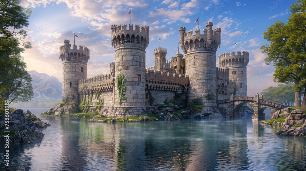 A castle with a moat, a drawbridge, and a tower.