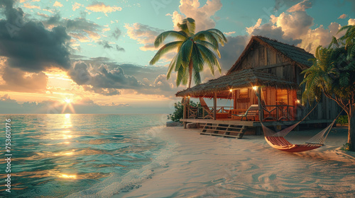 A beach house with a hammock, a surfboard, and a palm tree.