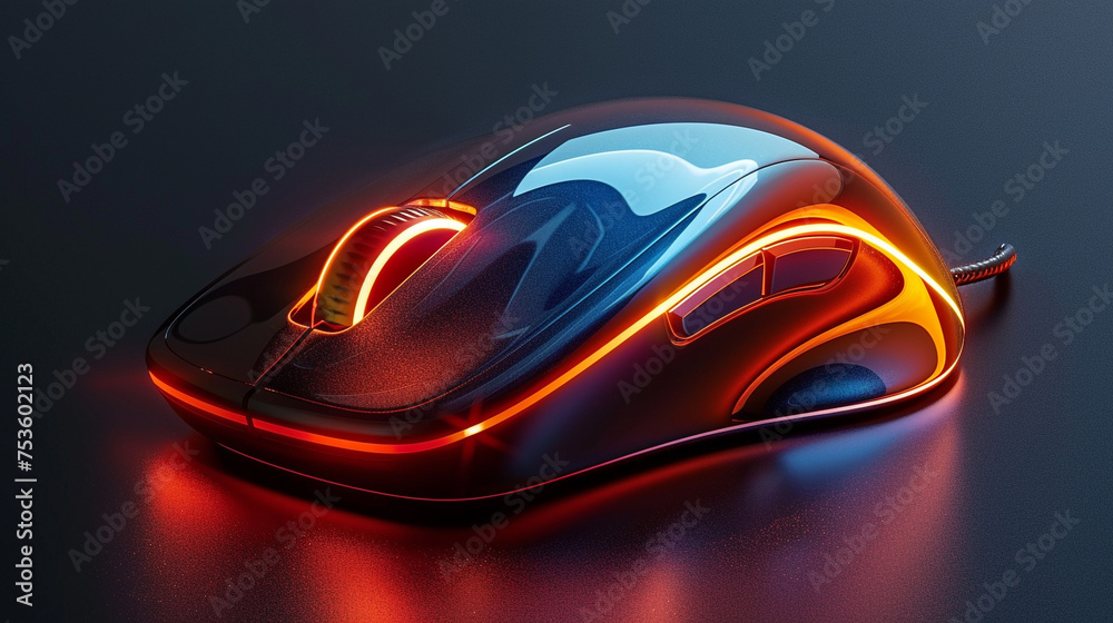 A modern wireless computer mouse, its glossy surface catching the light against a dark backdrop. Isolated on transparent background, png file.