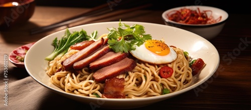 Savory Delight: Gourmet Noodles Infused with Crispy Bacon and Sunny-Side-Up Eggs