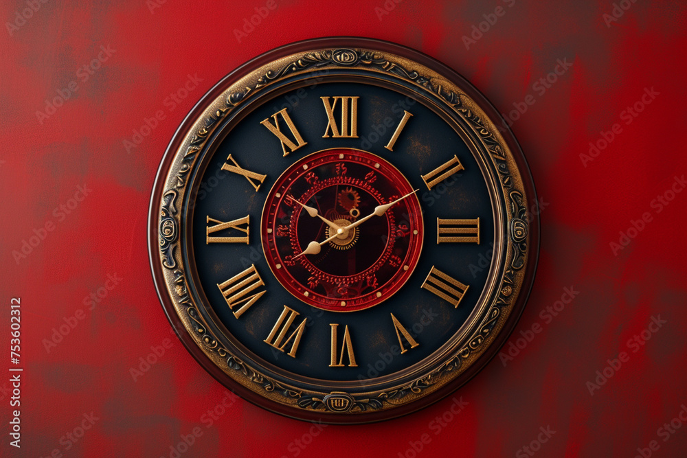 a clock in the style of gold and black, with numbers, hands and gears, sitting on a red background, timeless elegance, vintagecore, steampunk inspired, use of mechanical materials, retro, sepia filter