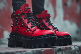 a shoe in the style of bright red and black, with leather straps, studs and spikes, sitting on a gray background, rebellious attitude, punkcore, rock music influenced, use of metal materials, grunge, 