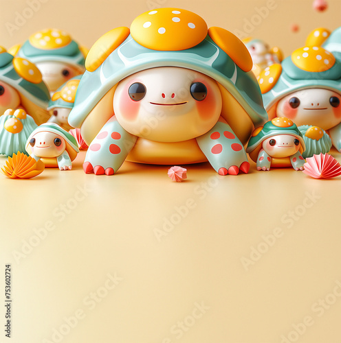 3d rendering of an adorable cartoon turtle family with colorful shells for birthday and invitation cards. Cute group of baby tortoise for postcard with copy space