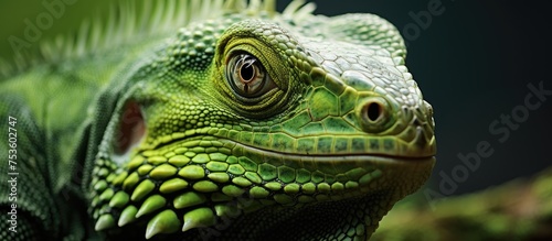 Vibrant Close-Up of a Green Lizard s Intricate Scaled Head in Natural Habitat