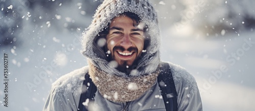 Cheerful Man Bundled Up in Winter Clothing Laughing Under a Snowfall