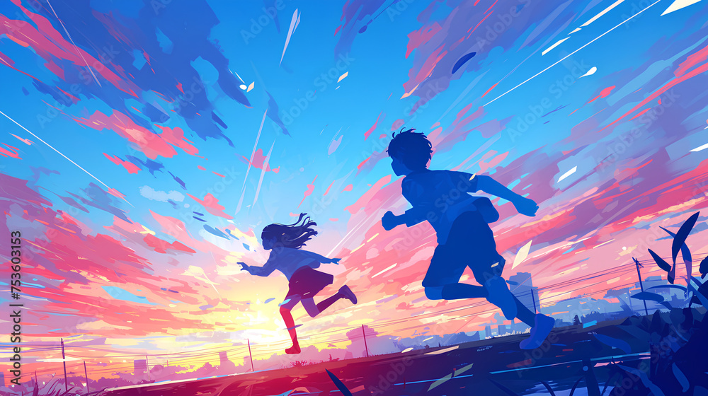 anime boy and girl running from behind lighting anime boy and girl running from behind lighting