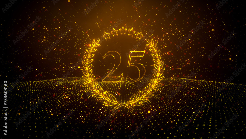 Abstract Golden Shiny Number 25 Laurel Wreath Label Dotted Lines Wireframe Particle Space With Wavy Dots Floor Pattern