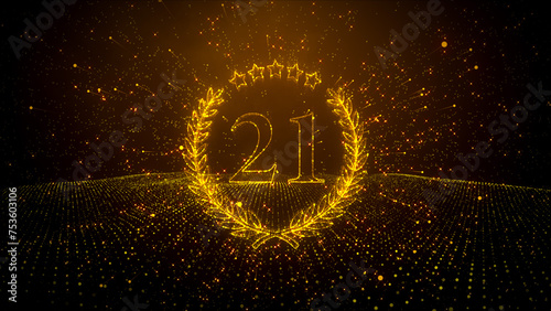 Abstract Golden Shiny Number 21 Laurel Wreath Label Dotted Lines Wireframe Particle Space With Wavy Dots Floor Pattern photo