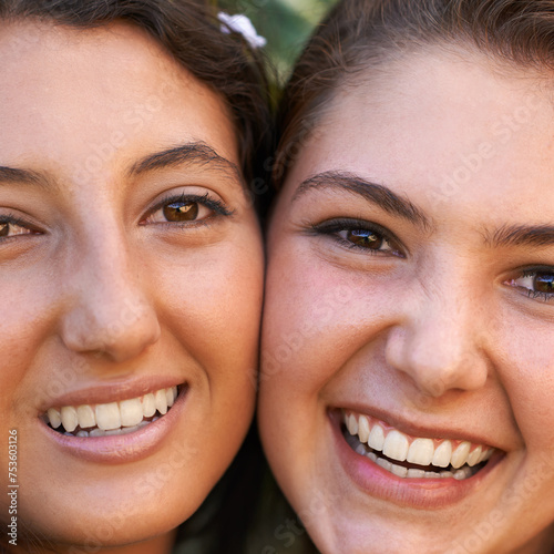Closeup  best friends and women with hug  portrait and happiness with weekend break and summer. Face  people and girls with joy and cheerful with vacation and bonding together with holiday and smile