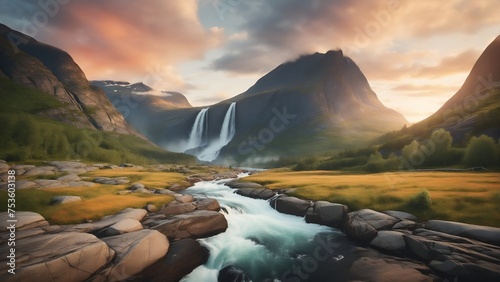 Mountain landscape with waterfall and river, outdoor evening photo