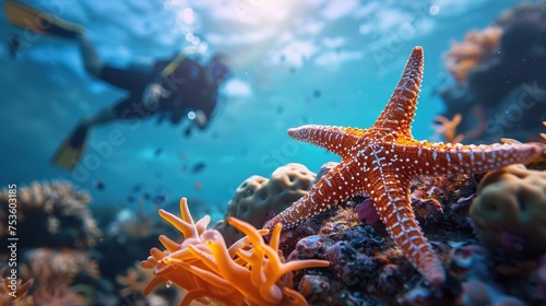  Serene Ocean Life: Starfish Resting on Coral Reef with Blue Background, an Artistic Creation by Generative AI